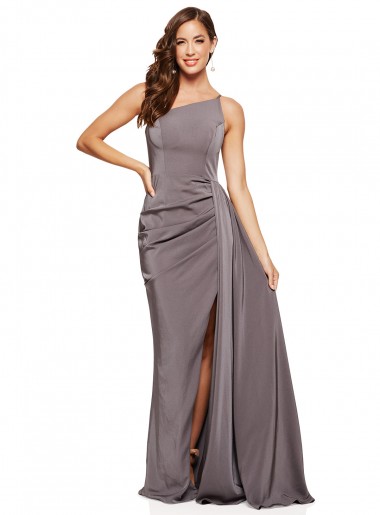 Buy One Shoulder Long Silky Satin Slate Grey Sleeveless Formal Evening Dress UK