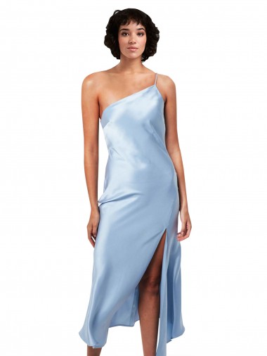 Buy One Shoulder Midi Length Silky Satin Light Sky Blue Sleeveless Formal Evening Dress UK