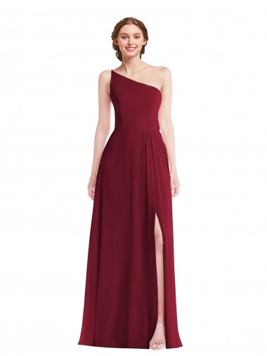 Buy One Shoulder Long Soft Chiffon Burgundy Sleeveless Semi Formal Evening Dress UK