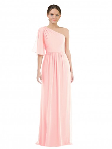 Buy One Shoulder Long Soft Chiffon Pink Bell Sleeves Semi Formal Evening Dress UK