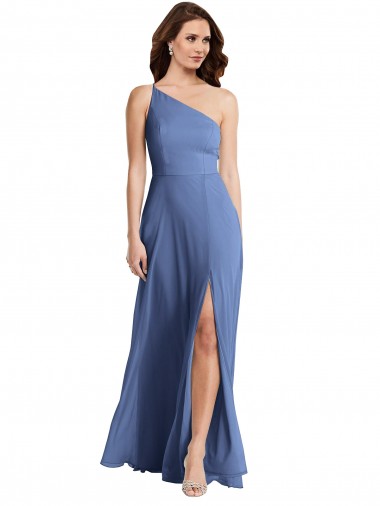 Buy One Shoulder Long Soft Chiffon Windsor Blue Sleeveless Formal Evening Dress UK