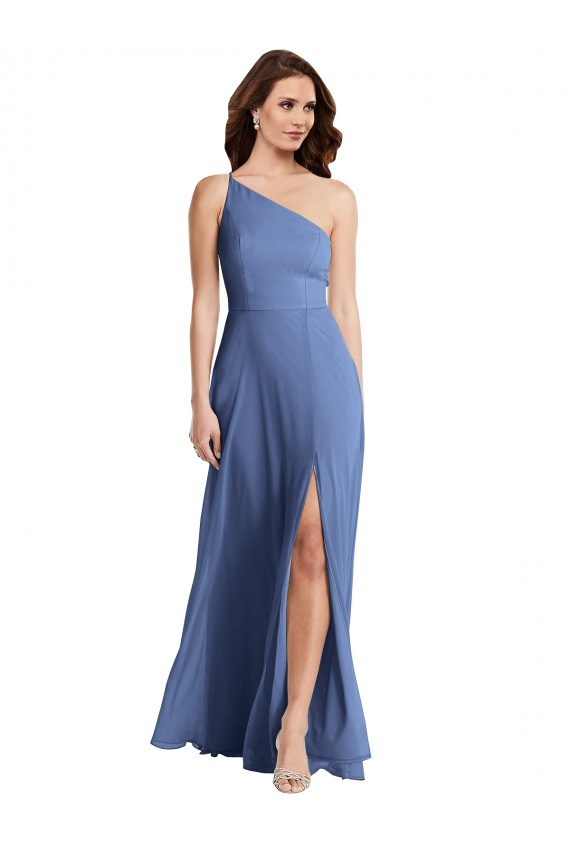 Buy One Shoulder Long Soft Chiffon Windsor Blue Sleeveless Formal Evening Dress UK