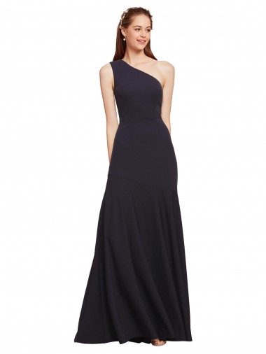 Buy One Shoulder Long Stretch Crepe Dark Navy A-Line Sleeveless Formal Evening Dress UK