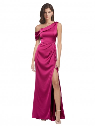 Buy One Shoulder Long Stretch Satin Fuchsia Sleeveless Evening Dress UK