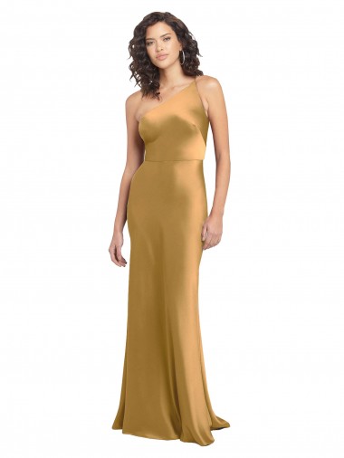 Buy One Shoulder Long Stretch Satin Gold Sleeveless Formal Evening Dress UK