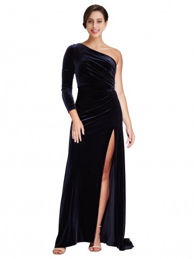 Buy One Shoulder Sweep Train Stretch Velvet Dark Navy Long Sleeves Formal Evening Dress UK