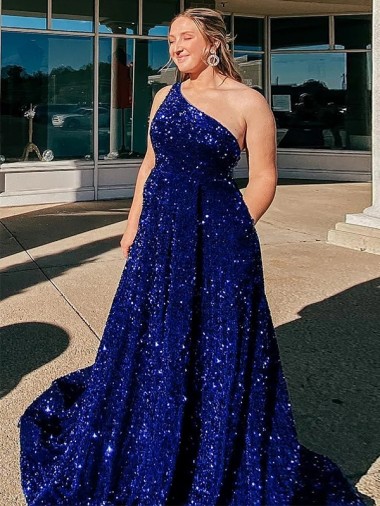 Buy One Shoulder Sweep Train Velvet Sequin Royal Blue Sleeveless Evening Gown UK