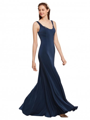 Buy Round Neck Long Stretch Crepe Dark Navy Sleeveless Evening Dress UK