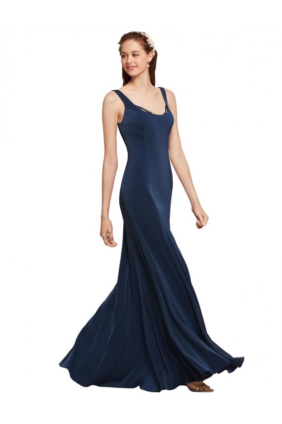 Buy Round Neck Long Stretch Crepe Dark Navy Sleeveless Evening Dress UK