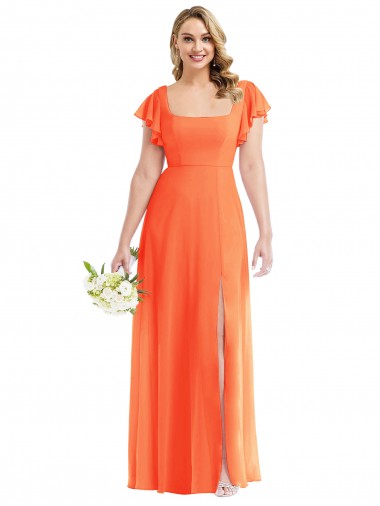 Buy Square Neck Long Soft Chiffon Tangerine Tango Flutter Sleeves Semi Formal Evening Dress UK