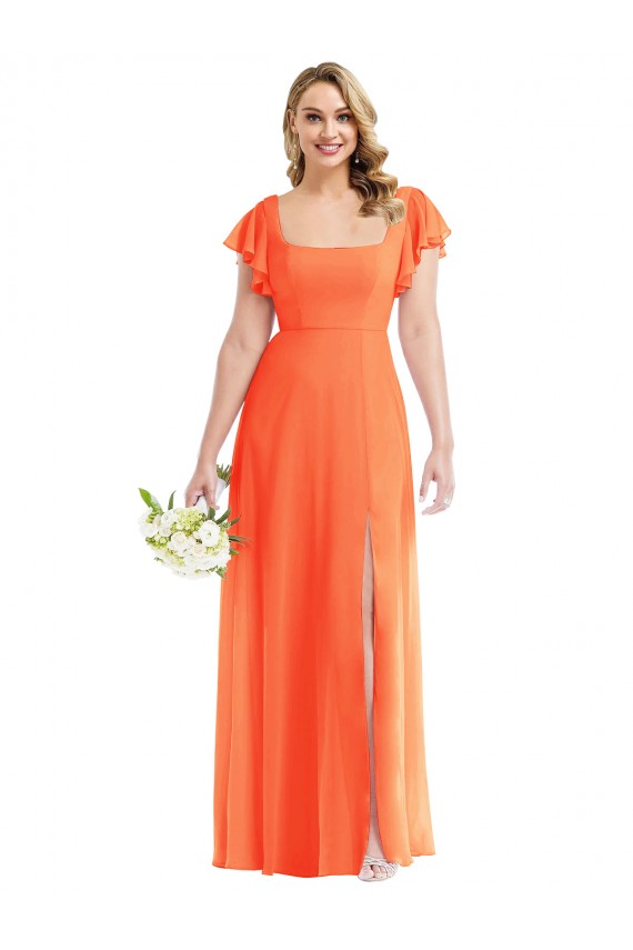 Buy Square Neck Long Soft Chiffon Tangerine Tango Flutter Sleeves Semi Formal Evening Dress UK