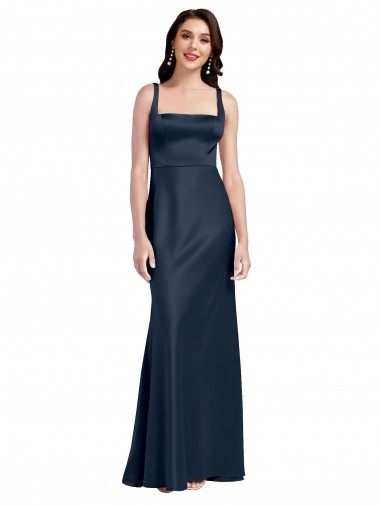 Buy Square Neck Long Stretch Satin Dark Navy Sleeveless Formal Evening Dress UK