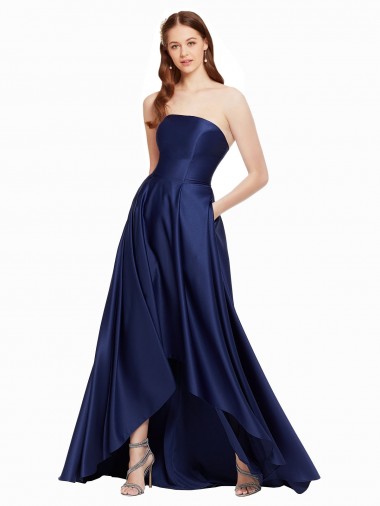 Buy Strapless Long Satin Dark Navy Sleeveless High Low Evening Dress UK