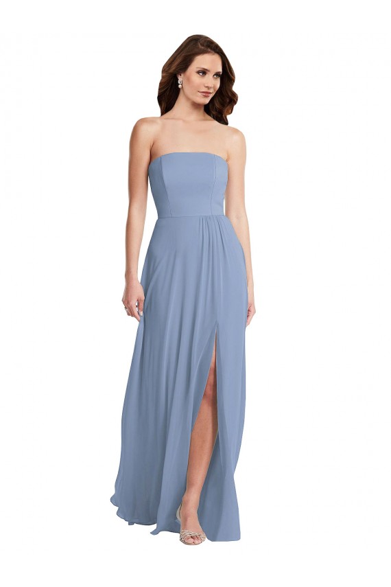 Buy Strapless Long Soft Chiffon Dusty Blue Sleeveless Semi Formal Evening Dress UK