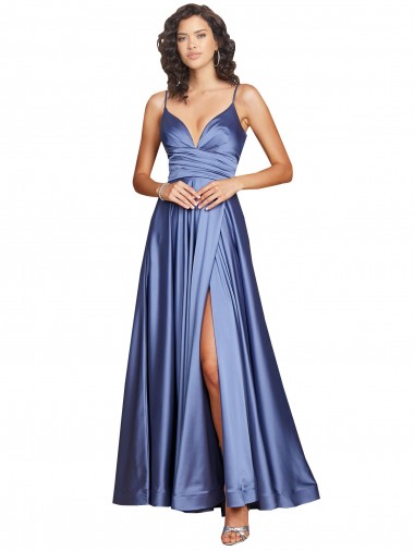 Buy Sweetheart Long Silky Satin French Blue Sleeveless Black Tie Evening Dress UK