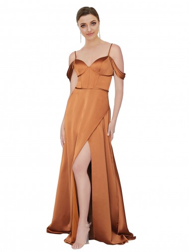 Buy Sweetheart Long Silky Satin Orange Cold Shoulder Formal Evening Dress UK