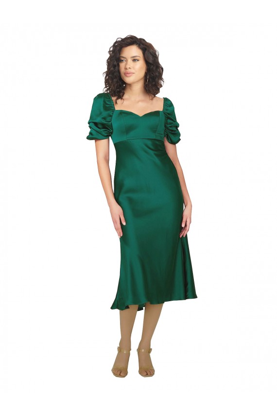 Buy Sweetheart Midi Length Silky Satin Hunter Short Sleeves Formal Evening Dress UK