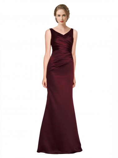 Buy V-Neck Long Satin Burgundy Sleeveless Black Tie Evening Dress UK