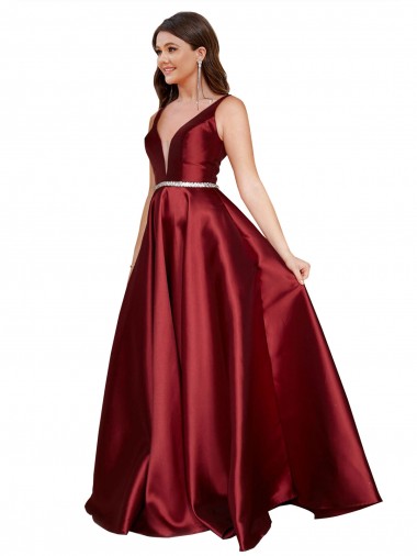 Buy V-Neck Long Satin Burgundy Sleeveless Plus Size Formal Evening Dress UK