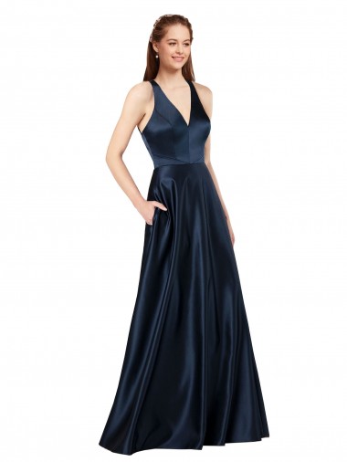 Buy V-Neck Long Satin Dark Navy Sleeveless Formal Evening Dress UK