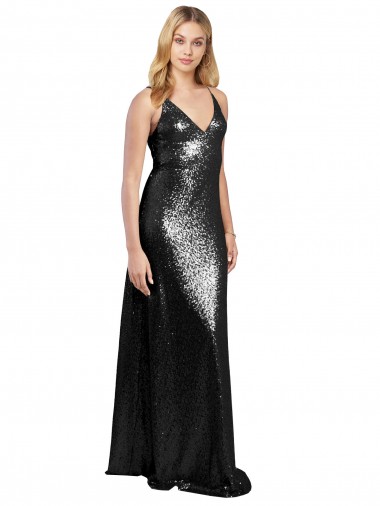 Buy V-Neck Long Sequin Black Sleeveless Formal Evening Dress UK