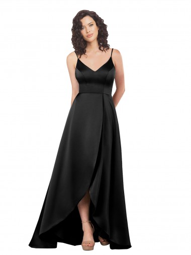 Buy V-Neck Long Silky Satin Black Sleeveless High Low Evening Dress UK