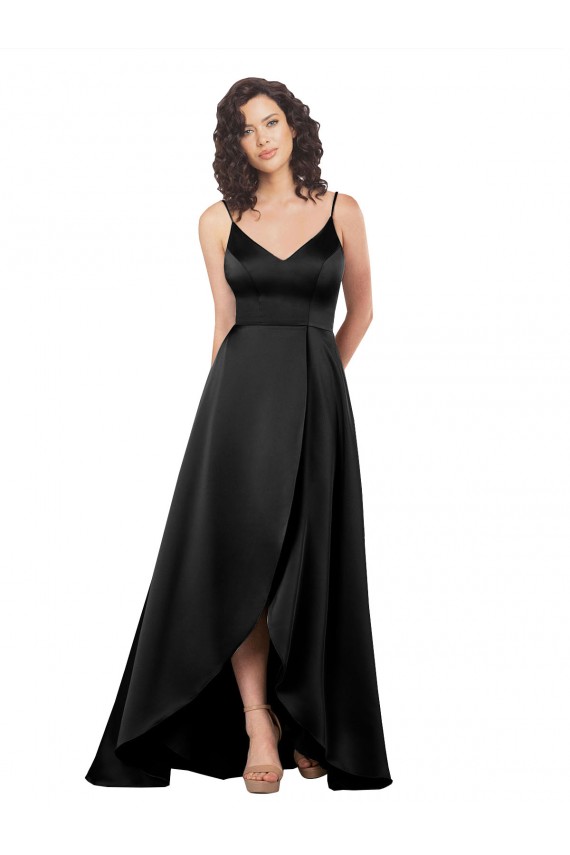 Buy V-Neck Long Silky Satin Black Sleeveless High Low Evening Dress UK