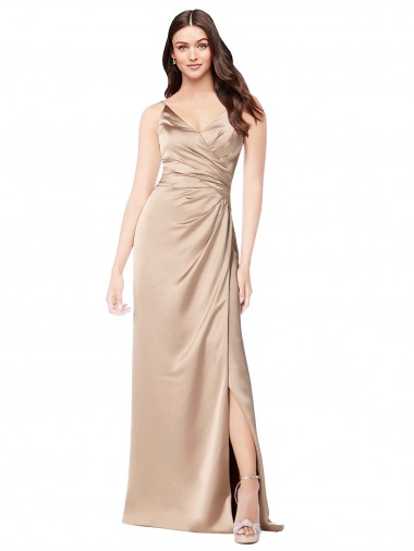 Buy V-Neck Long Silky Satin Champagne Pink Sleeveless Formal Evening Dress UK