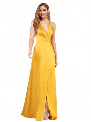 Buy V-Neck Long Silky Satin Sleeveless Evening Dress UK