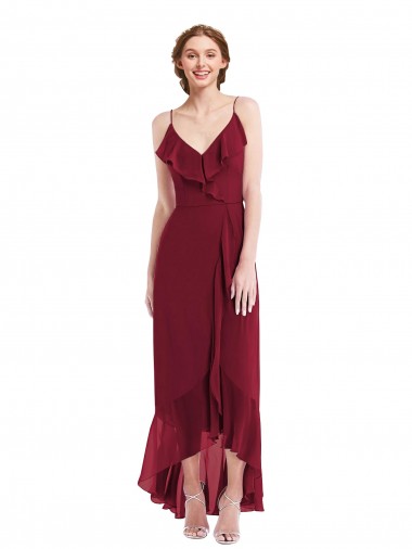 Buy V-Neck Long Soft Chiffon Burgundy Sleeveless High Low Evening Dress UK