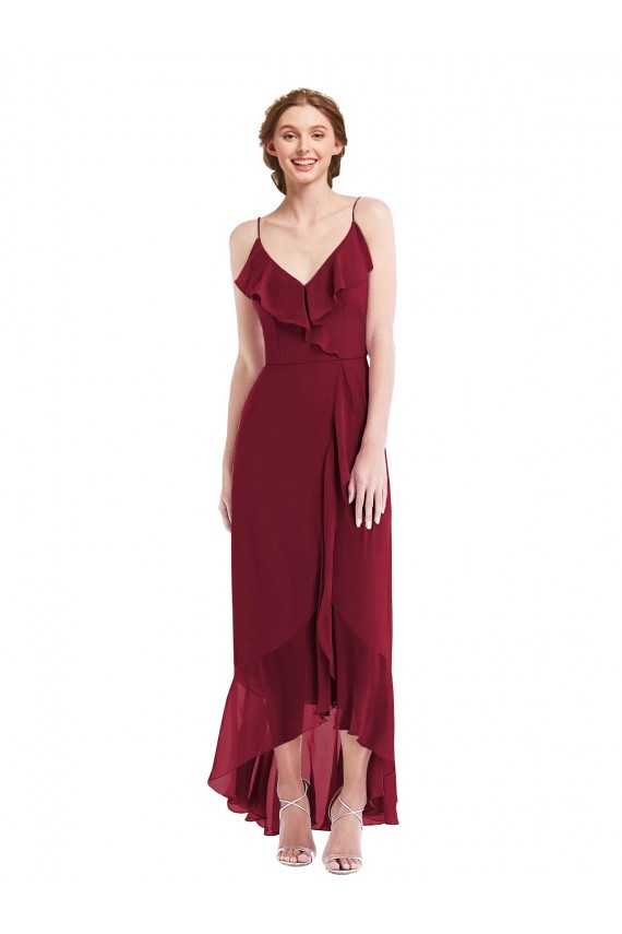 Buy V-Neck Long Soft Chiffon Burgundy Sleeveless High Low Evening Dress UK