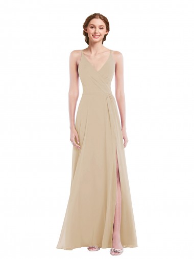 Buy V-Neck Long Soft Chiffon Champagne Sleeveless Semi Formal Evening Dress UK