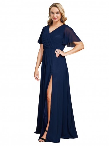 Buy V-Neck Long Soft Chiffon Dark Navy Short Flutter Sleeves Plus Size Formal Evening Dress UK