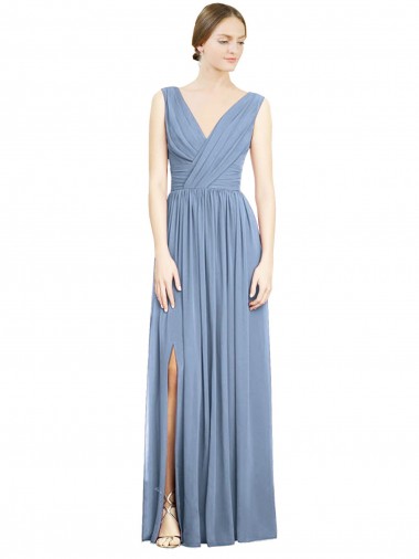 Buy V-Neck Long Soft Chiffon Dusty Blue Sleeveless Semi Formal Evening Dress UK