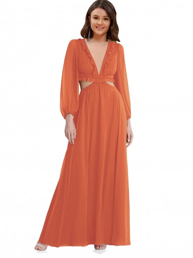 Buy V-Neck Long Soft Chiffon Firecracker Long Sleeves High Low Evening Dress UK