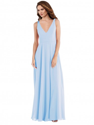 Buy V-Neck Long Soft Chiffon Light Sky Blue Sleeveless Semi Formal Evening Dress UK