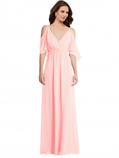 Buy V-Neck Long Soft Chiffon Pink Cold Shoulder Semi Formal Evening Dress UK