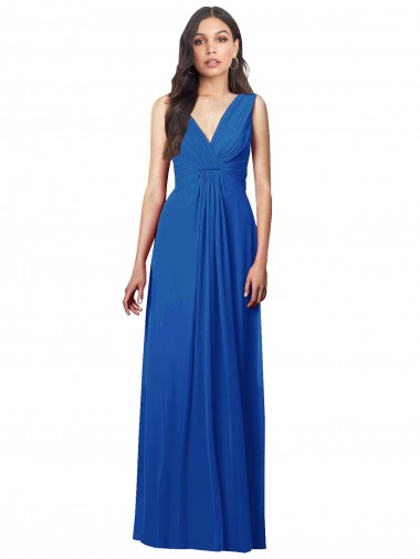 Buy V-Neck Long Soft Chiffon Royal Blue Sleeveless Semi Formal Evening Dress UK