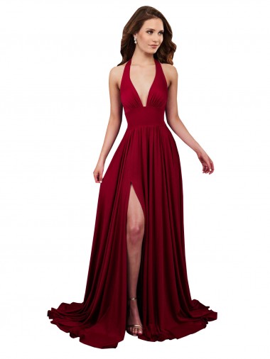 Buy V-Neck Long Spandex Burgundy Sleeveless Black Tie Evening Dress UK