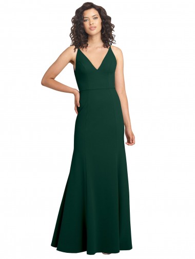 Buy V-Neck Long Stretch Crepe Midnight Green Sleeveless Evening Dress UK