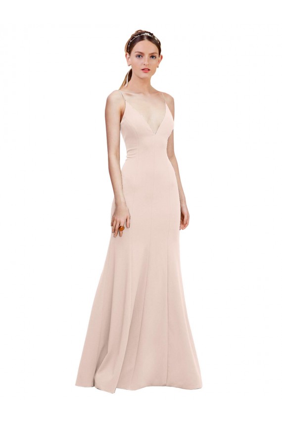 Buy V-Neck Long Stretch Crepe Pink Sleeveless Evening Gown UK