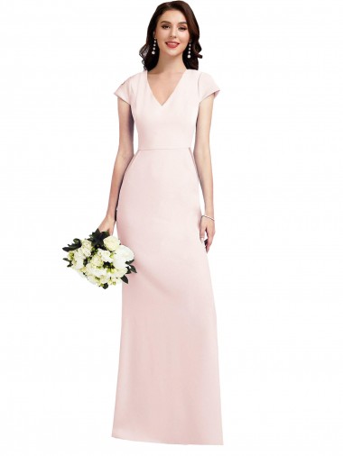 Buy V-Neck Long Stretch Crepe Pink Cap Sleeves Formal Evening Dress UK