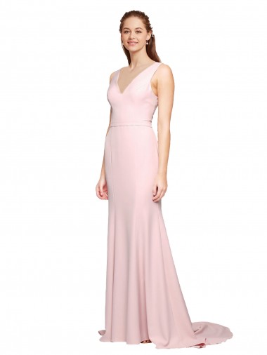 Buy V-Neck Sweep Train Stretch Crepe Pink Sleeveless Black Tie Evening Dress UK