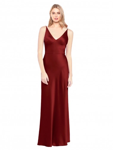 Buy V-Neck Long Stretch Satin Burgundy Sleeveless Formal Evening Dress UK