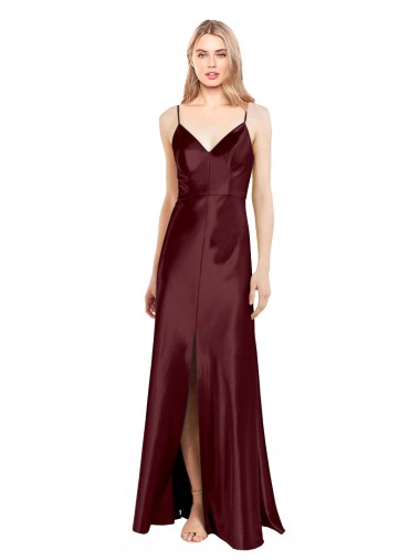 Buy V-Neck Long Stretch Satin Burgundy Gold Sleeveless Evening Dress UK