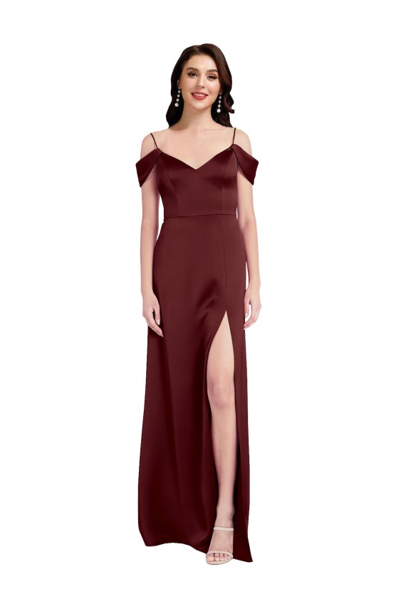 Buy V-Neck Long Stretch Satin Burgundy Gold Sleeveless Evening Gown UK