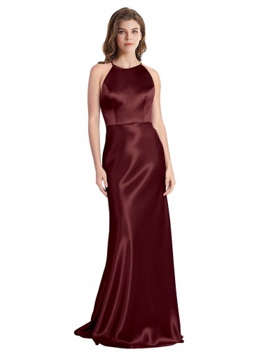 Buy V-Neck Long Stretch Satin Burgundy Gold Sleeveless Formal Evening Dress UK