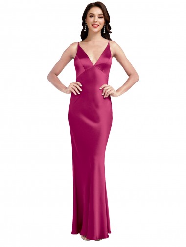 Buy V-Neck Long Stretch Satin Fuchsia Sleeveless Formal Evening Dress UK