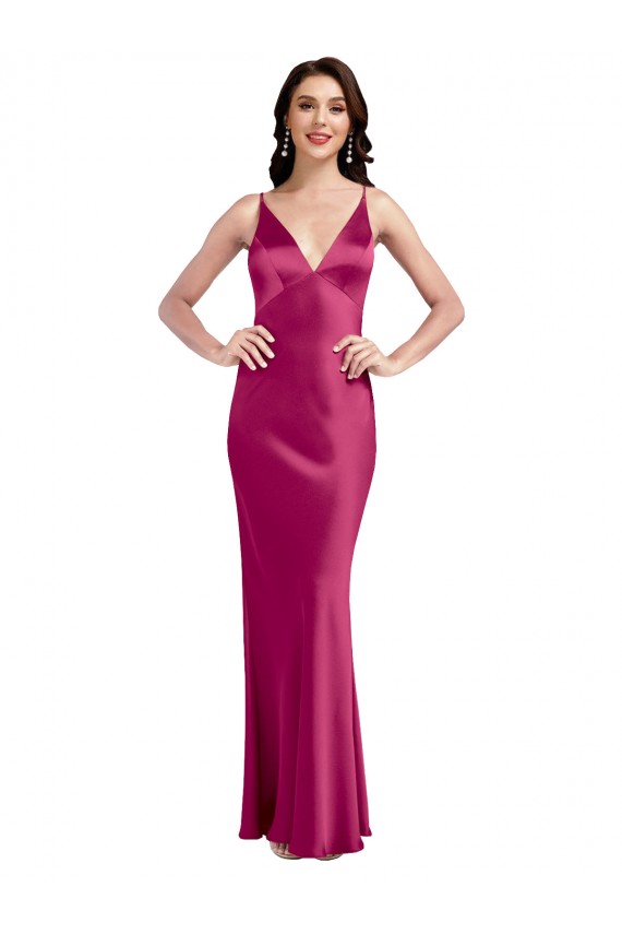 Buy V-Neck Long Stretch Satin Fuchsia Sleeveless Formal Evening Dress UK