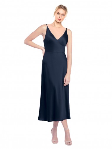 Buy V-Neck Midi Length Stretch Satin Dark Navy Sleeveless Formal Evening Dress UK